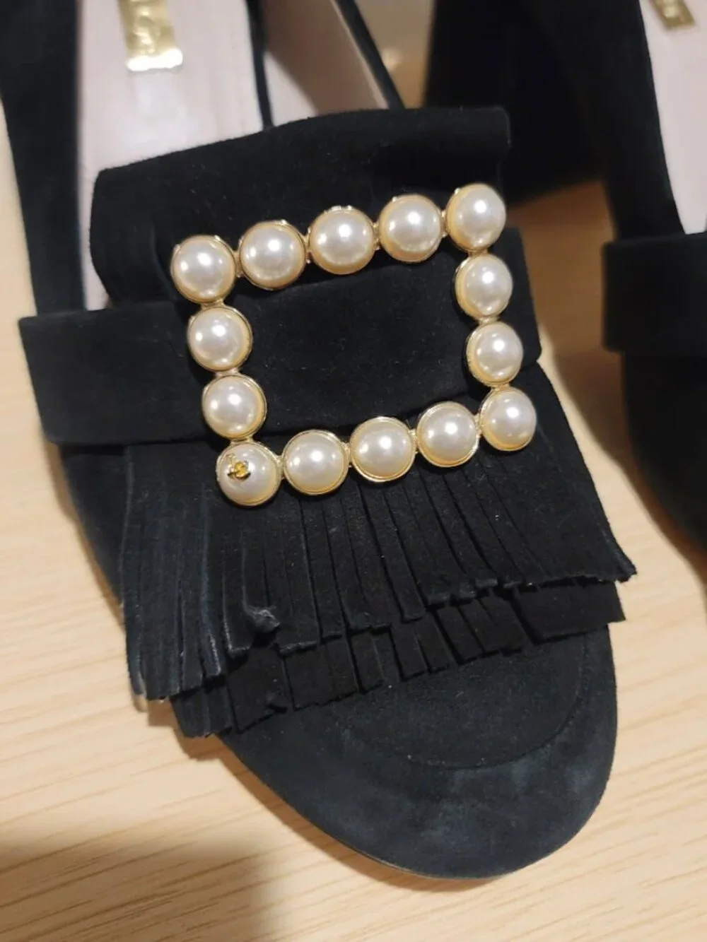 Isola Black Fringe Slide Sandals - Pearl Encrusted Buckle - Size 7M